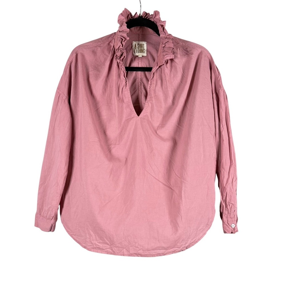 A Shirt Thing Womens S Blouse Pink Ruffle Neck V-Neck Pullover Long Sleeve Boho